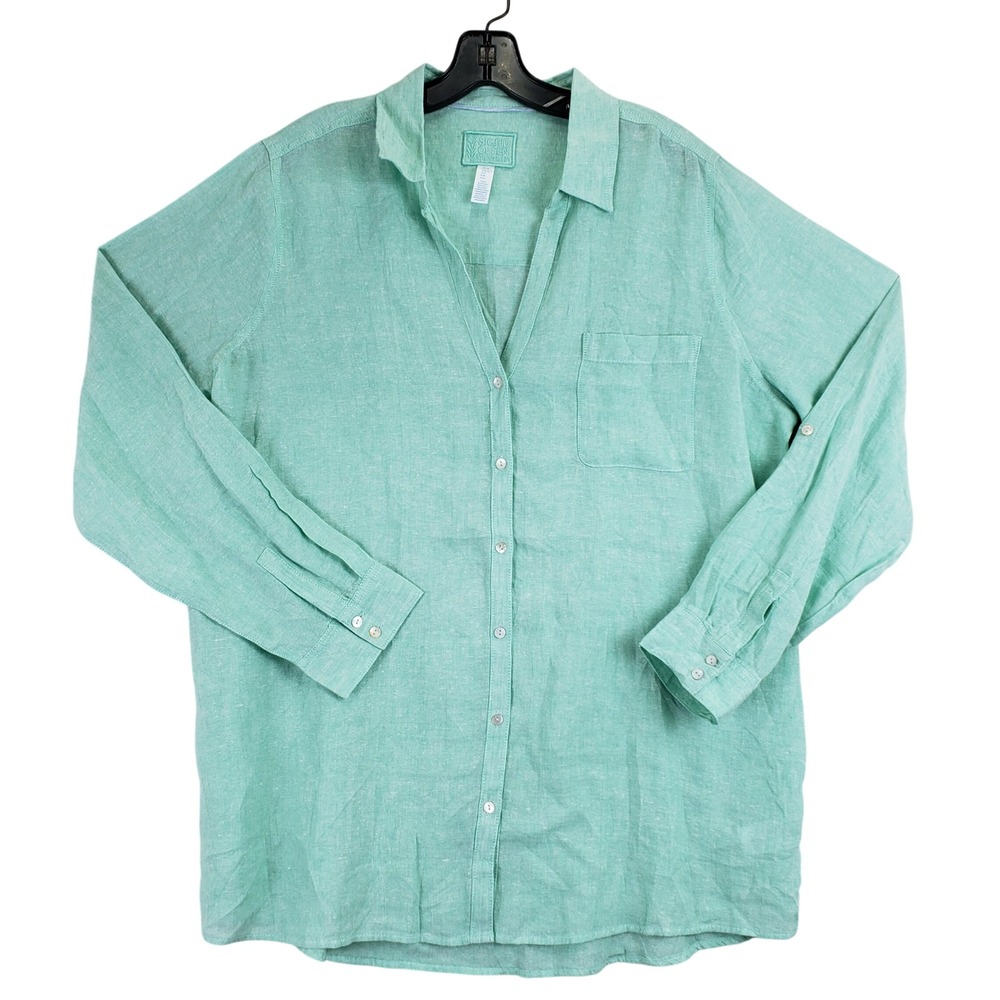 Sigrid Olsen Linen Button Down Shirt Womens 2XL Green Coastal Casual